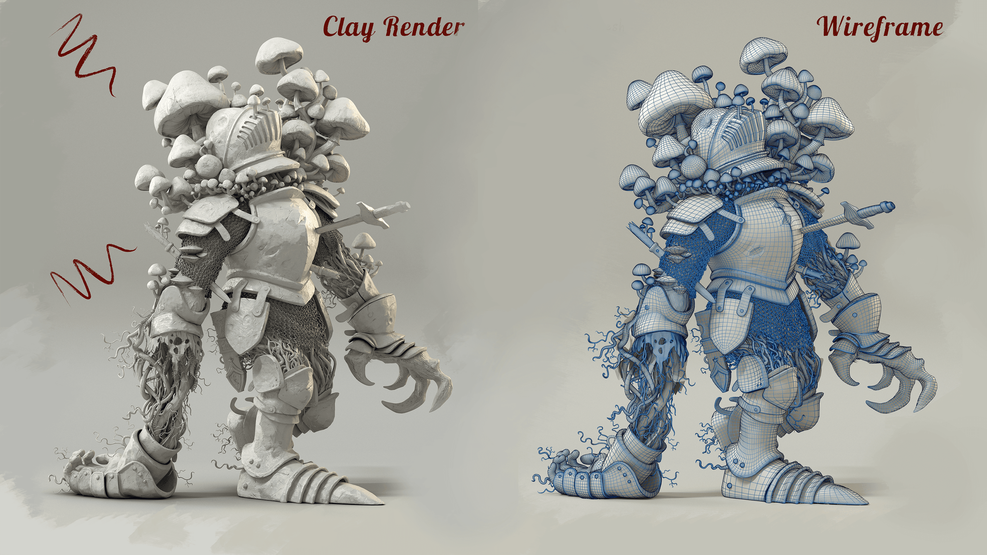 Clay render and Wireframe