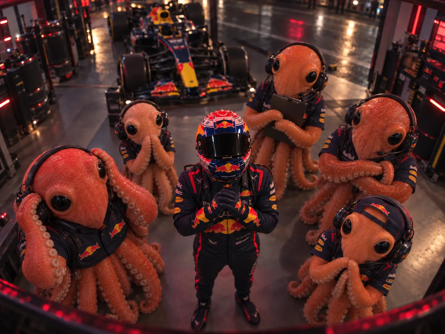 Red Bull crew under the screen (TV POV) — 1